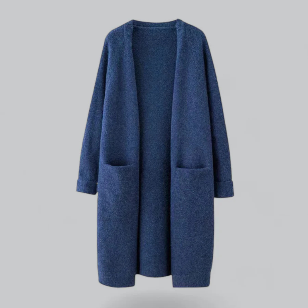 Lang damesvest met open voorkant, vloeiend design in donkergrijs, ideaal voor casual elegantie en veelzijdige outfits