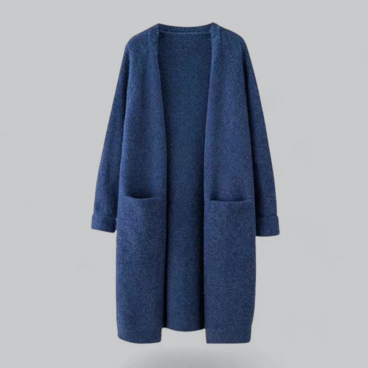 Lang damesvest met open voorkant, vloeiend design in donkergrijs, ideaal voor casual elegantie en veelzijdige outfits