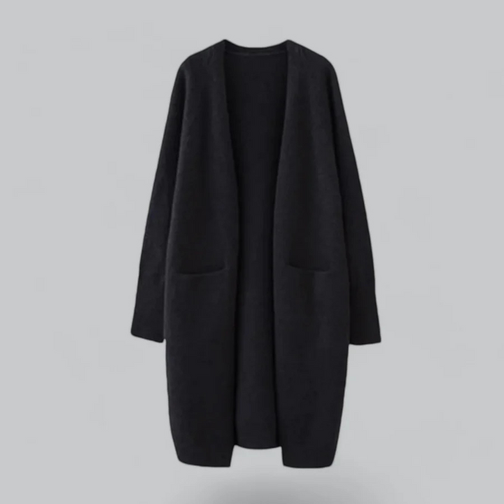 Lang damesvest met open voorkant, vloeiend design in donkergrijs, ideaal voor casual elegantie en veelzijdige outfits