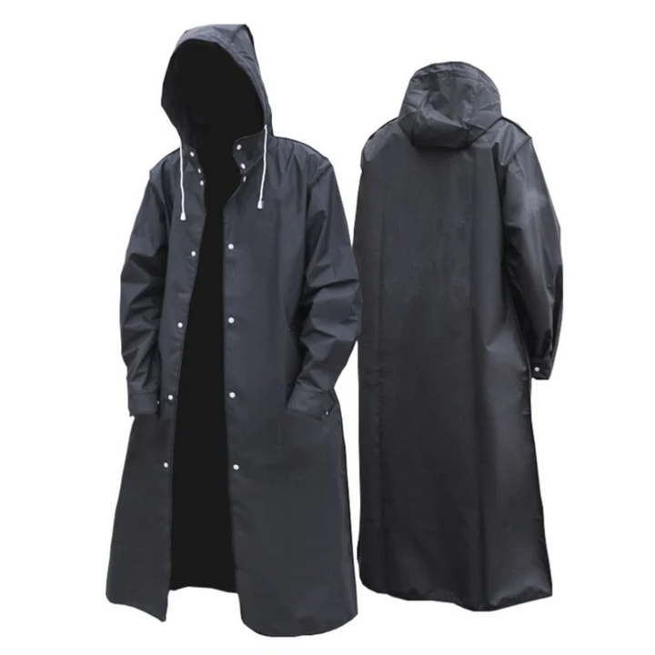 Lange waterdichte heren regenjas met capuchon in zwart. Ideaal voor weerbestendige bescherming en stijl.