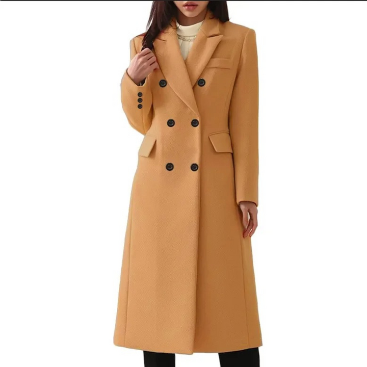 Lange wollen dames winterjas Elise met elegante dubbele kraag. Een warme, klassieke mantel voor vrouwen.