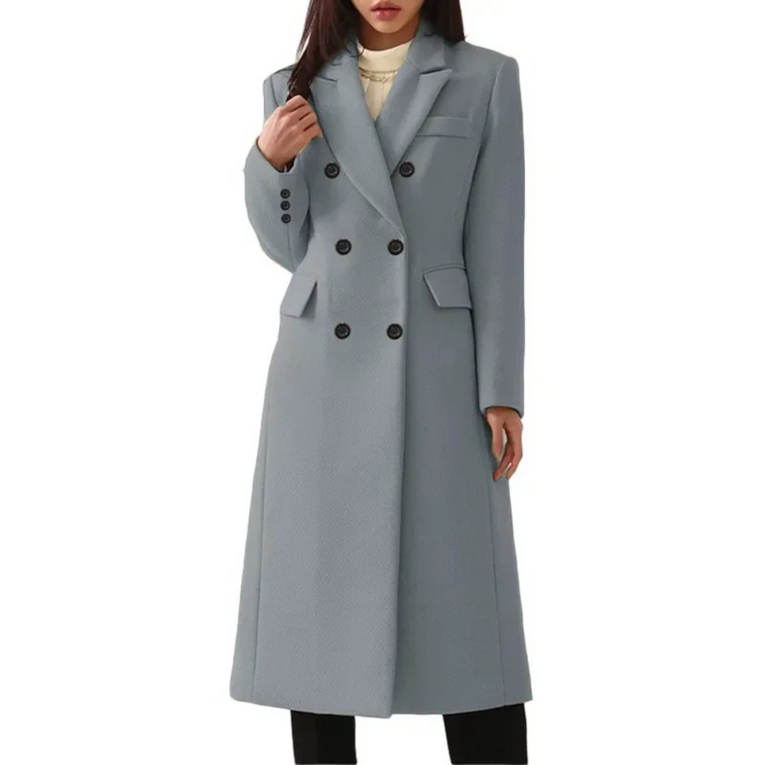 Elegante lange damesjas Elise van wol, met stijlvolle dubbele kraag. Perfecte outwear voor de winter.