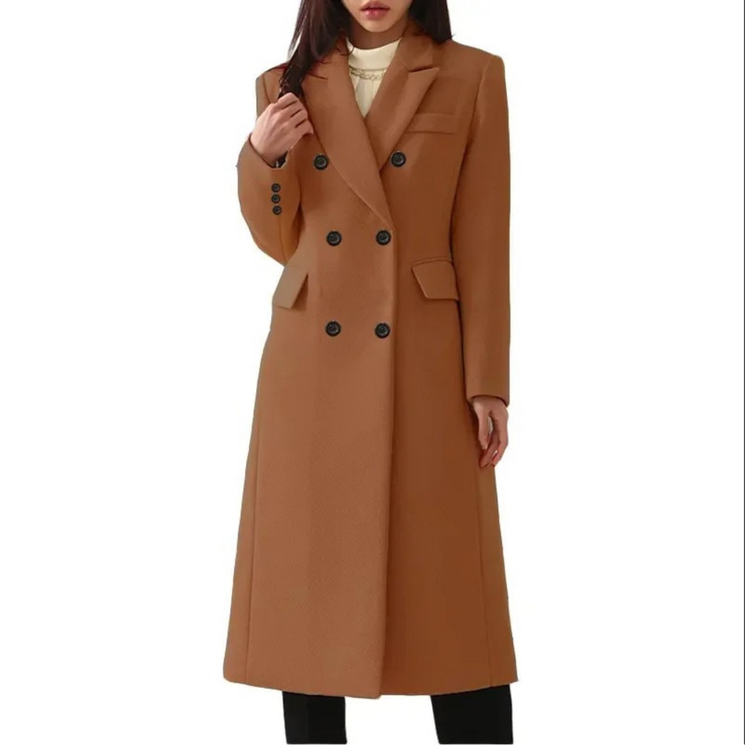 Gedetailleerde foto van de dubbele kraag op de luxe lange wollen dames winterjas Elise.