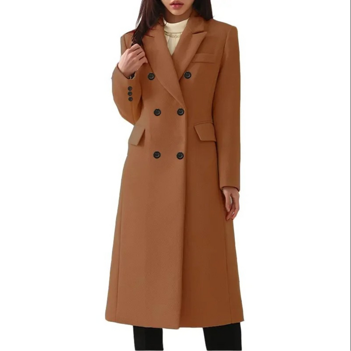 Gedetailleerde foto van de dubbele kraag op de luxe lange wollen dames winterjas Elise.