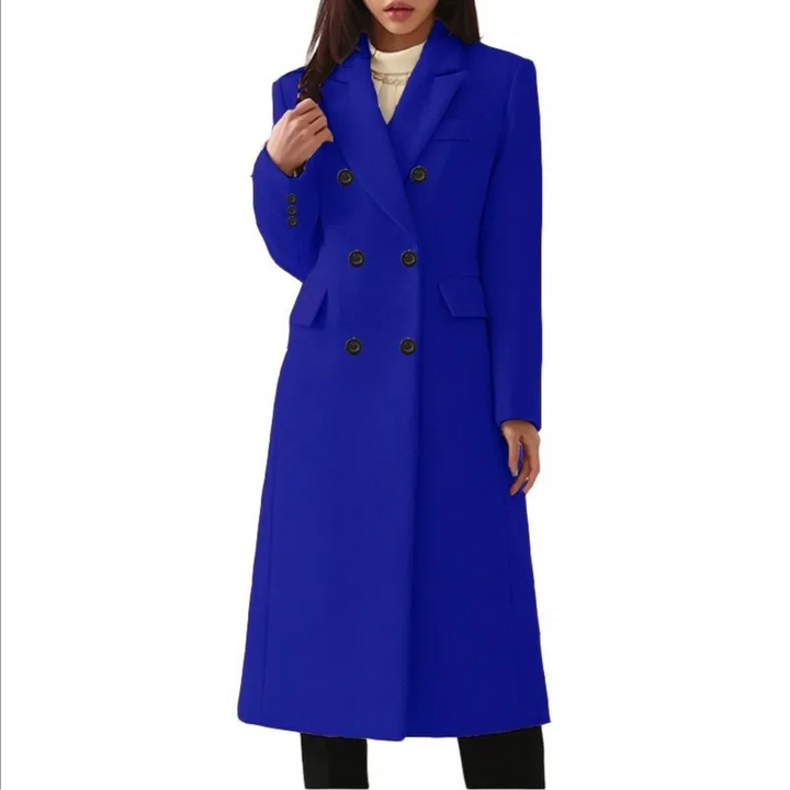 Comfortabele en warme lange wollen damesjas, model Elise, ideaal als elegante wintermantel met dubbele kraag.