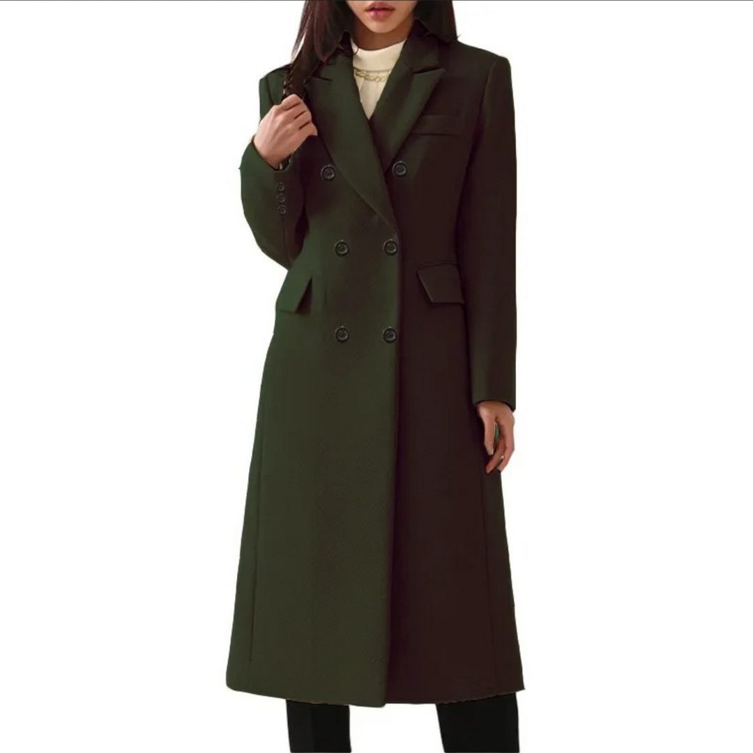 Modieuze lange wollen dames winterjas Elise met dubbele kraag, perfect voor een stijlvolle vrouwenmode outfit.