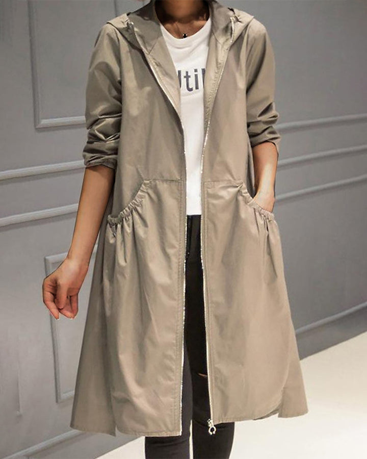 Dames lange waterdichte regenjas met capuchon in khaki