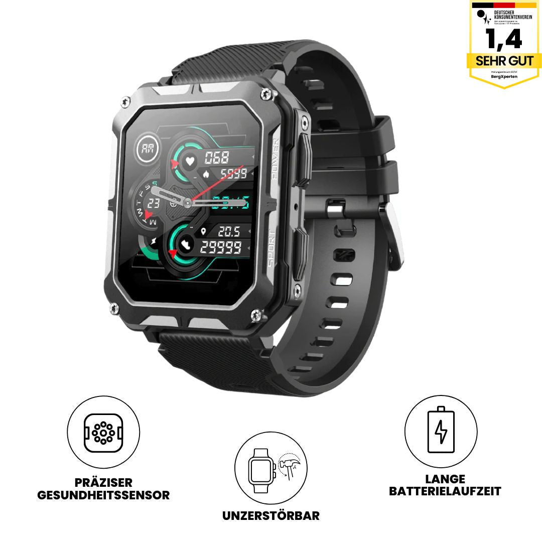 Duurzame militaire smartwatch met robuust design, AMOLED-scherm, titanium behuizing en gezondheidsfuncties, voor buitengebruik