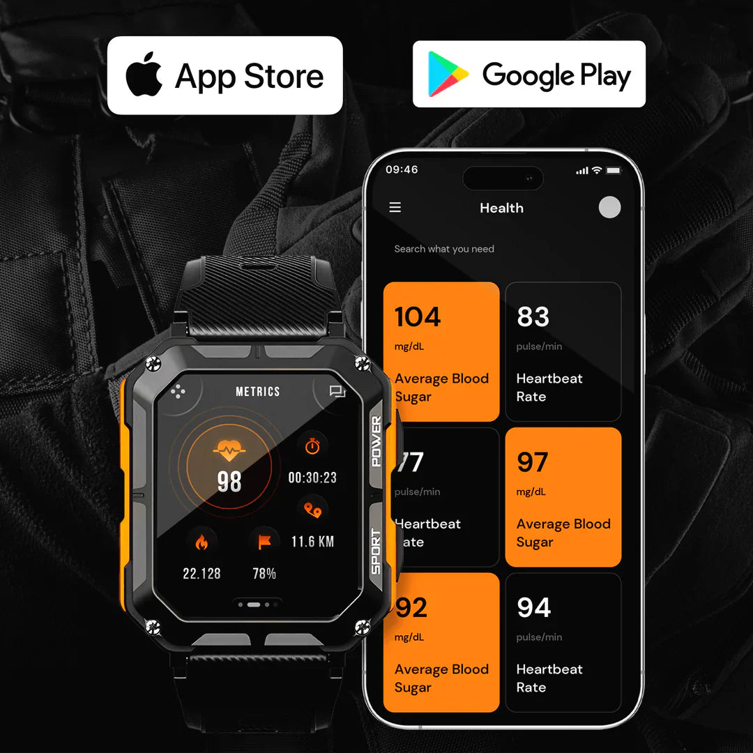 Duurzame militaire smartwatch met robuust design, AMOLED-scherm, titanium behuizing en gezondheidsfuncties, voor buitengebruik
