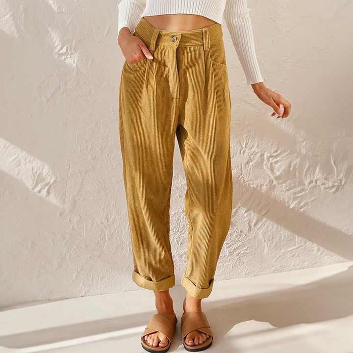 Casual dames corduroy broek met losse pasvorm in robijnblauw en lavendelgrijs voor stijlvol comfort.