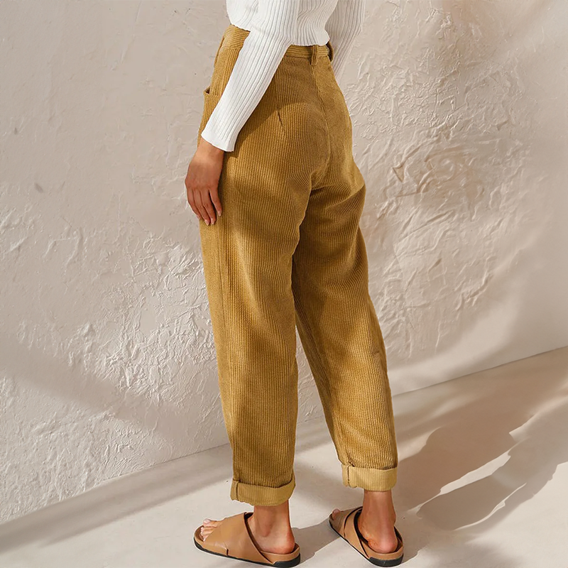 Casual dames corduroy broek met losse pasvorm in robijnblauw en lavendelgrijs voor stijlvol comfort.
