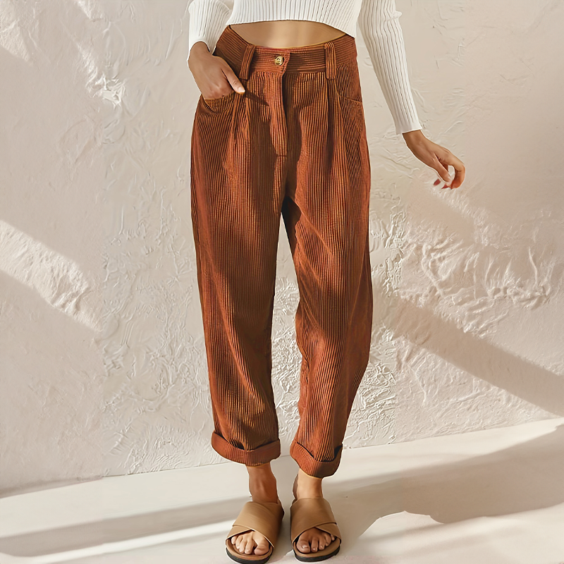 Casual dames corduroy broek met losse pasvorm in robijnblauw en lavendelgrijs voor stijlvol comfort.
