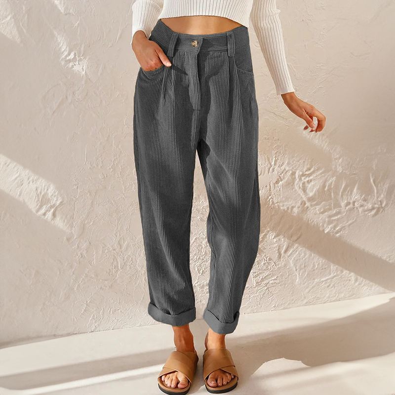 Casual dames corduroy broek met losse pasvorm in robijnblauw en lavendelgrijs voor stijlvol comfort.