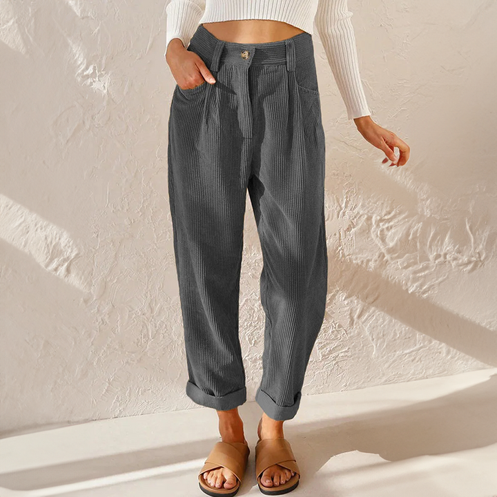 Casual dames corduroy broek met losse pasvorm in robijnblauw en lavendelgrijs voor stijlvol comfort.