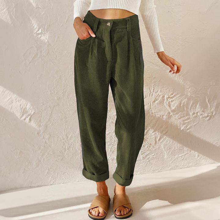 Casual dames corduroy broek met losse pasvorm in robijnblauw en lavendelgrijs voor stijlvol comfort.