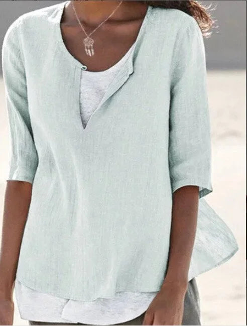Casual damesblouse met laagjeslook, vloeiend silhouet, elegante zomerstijl, perfect voor alledaags en speciale gelegenheden