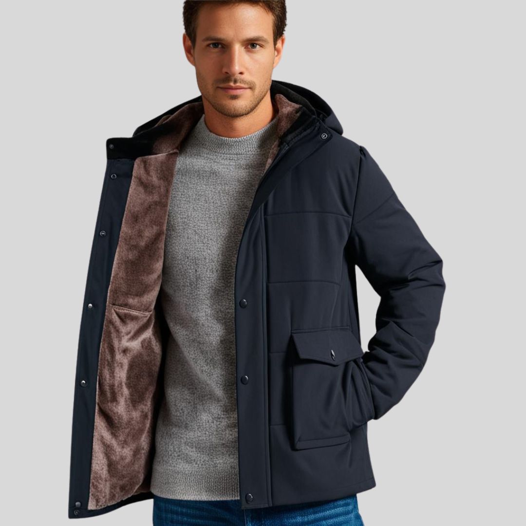 Casual winterjack voor heren met capuchon, wind- en waterafstotend, zwart, veelzijdige zakken, fleece gevoerd