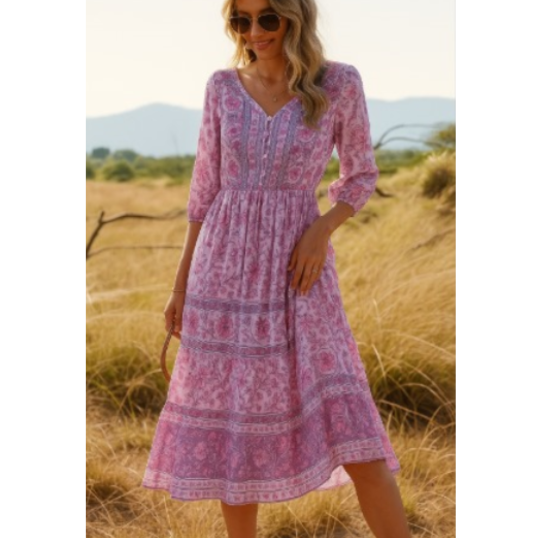 Casual dames midi bloemenjurk met losse pasvorm in Ibiza stijl, vrouw draagt de jurk.