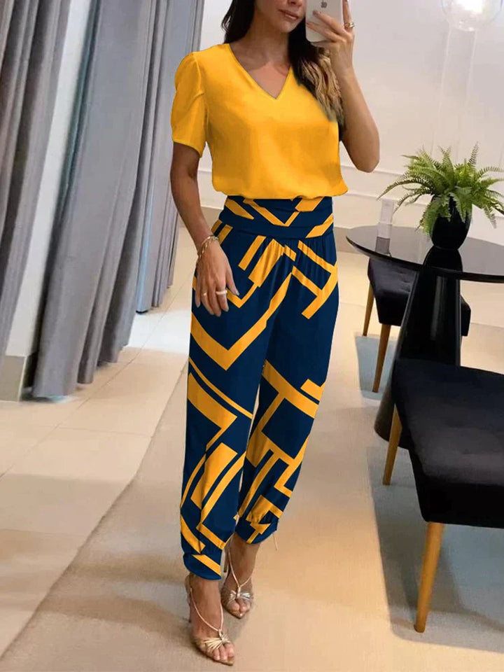 Casual dames set met top en broek in verschillende kleuren, ideaal voor dagelijks gebruik en gelegenheden, eigentijdse elegantie.