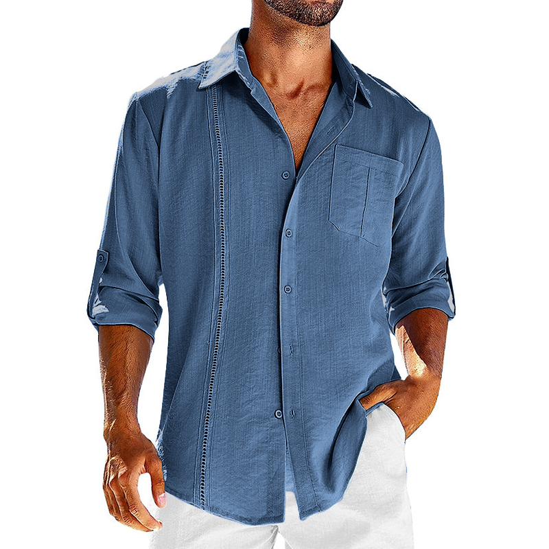 Heren casual Cubaans hemd van transparant linnen met retro kraag, ideaal voor zomerdagen, verkrijgbaar in beige en donkerblauw.