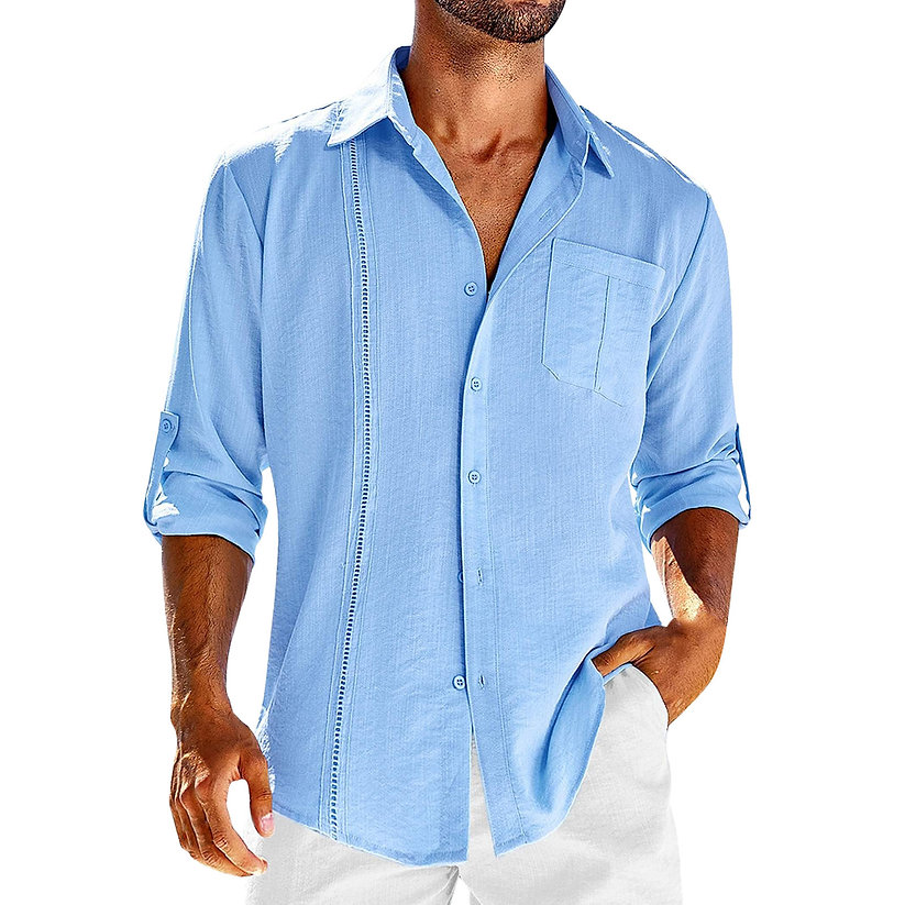 Heren casual Cubaans hemd van transparant linnen met retro kraag, ideaal voor zomerdagen, verkrijgbaar in beige en donkerblauw.