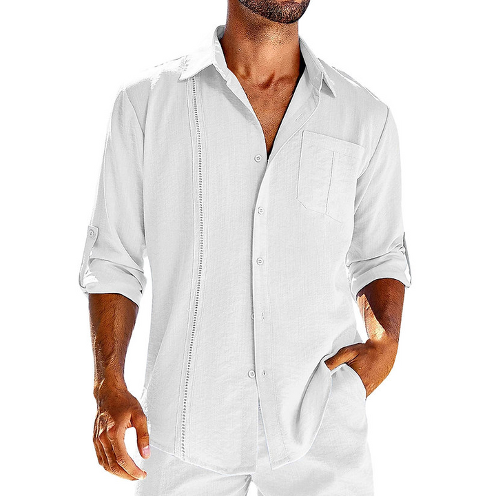 Heren casual Cubaans hemd van transparant linnen met retro kraag, ideaal voor zomerdagen, verkrijgbaar in beige en donkerblauw.