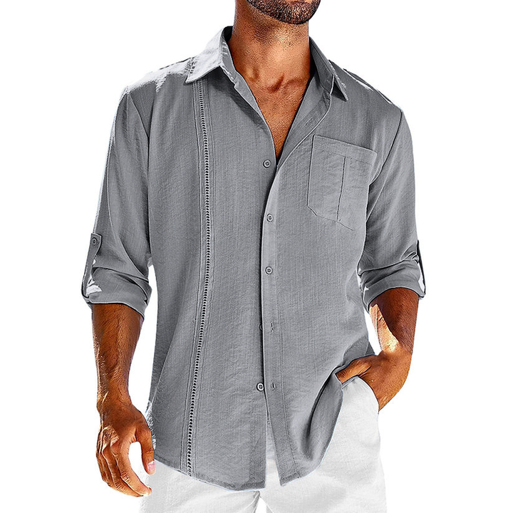 Heren casual Cubaans hemd van transparant linnen met retro kraag, ideaal voor zomerdagen, verkrijgbaar in beige en donkerblauw.