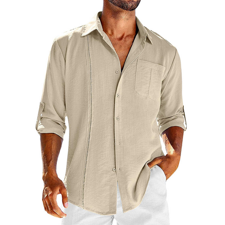 Heren casual Cubaans hemd van transparant linnen met retro kraag, ideaal voor zomerdagen, verkrijgbaar in beige en donkerblauw.