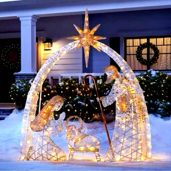 Elegant LED Heilige Familie kerstornament, serene buitenverlichting voor de feestdagen.