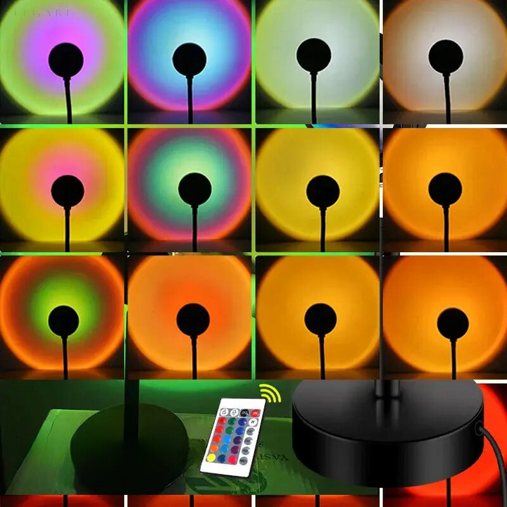 LED projectielamp met zonsondergangkleuren, compact en modern, creëert sfeervolle verlichting op tafels