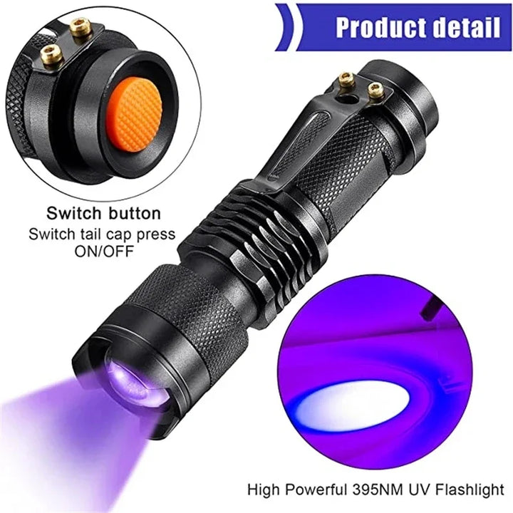 Compacte LED UV-zaklamp voor vlekdetectie, gemaakt van aluminium, perfect voor huisdiervlekken, handig en draagbaar.