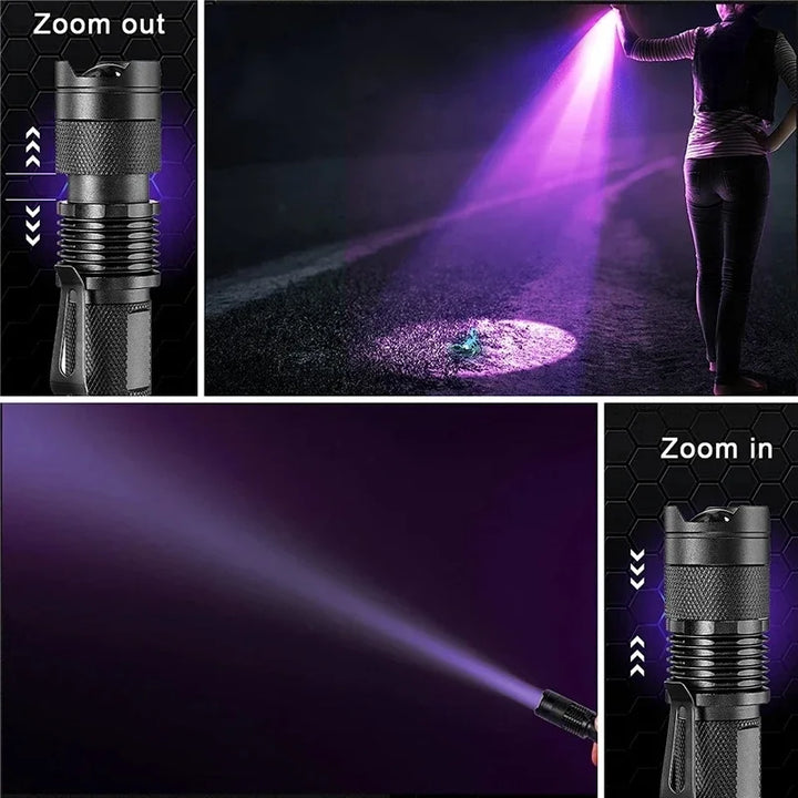 Compacte LED UV-zaklamp voor vlekdetectie, gemaakt van aluminium, perfect voor huisdiervlekken, handig en draagbaar.