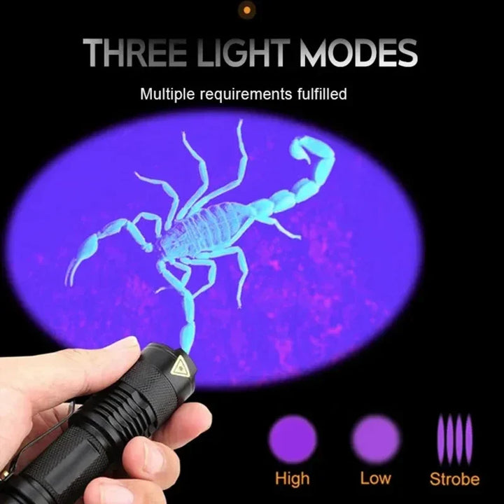 Compacte LED UV-zaklamp voor vlekdetectie, gemaakt van aluminium, perfect voor huisdiervlekken, handig en draagbaar.