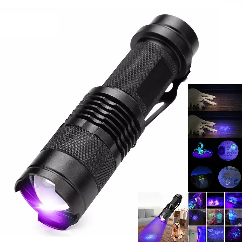 Compacte LED UV-zaklamp voor vlekdetectie, gemaakt van aluminium, perfect voor huisdiervlekken, handig en draagbaar.