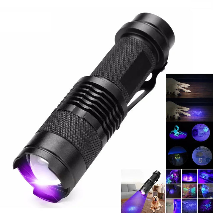 Compacte LED UV-zaklamp voor vlekdetectie, gemaakt van aluminium, perfect voor huisdiervlekken, handig en draagbaar.