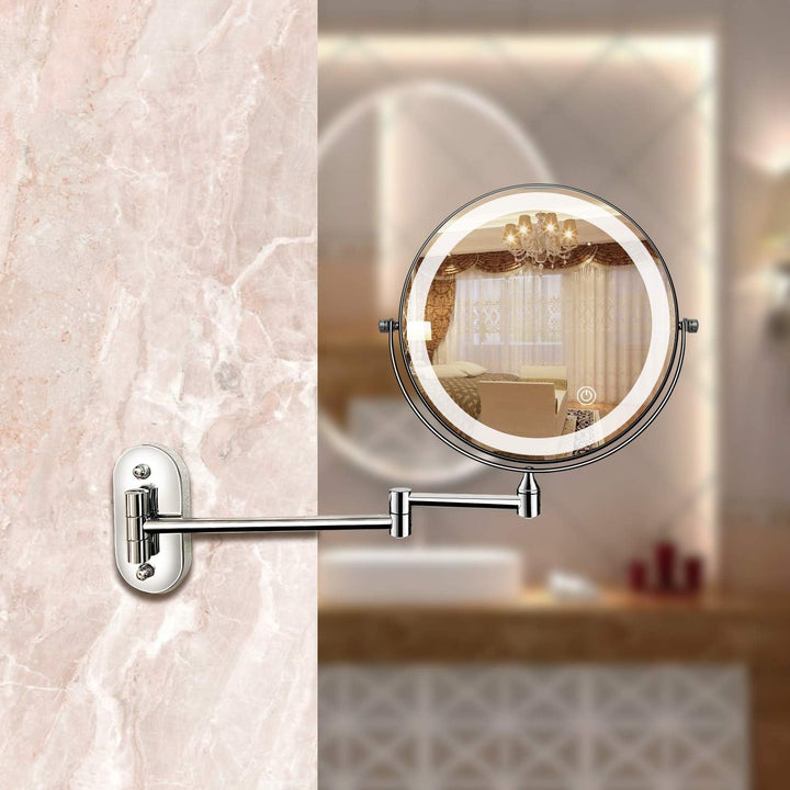 LED vergrotingsspiegel, chroomzilver, modern, niet-verblindend licht, oplaadbaar, ideaal voor make-up en huidverzorging.