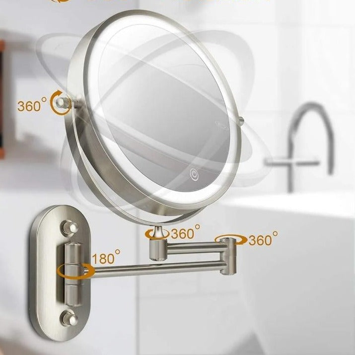 LED vergrotingsspiegel, chroomzilver, modern, niet-verblindend licht, oplaadbaar, ideaal voor make-up en huidverzorging.