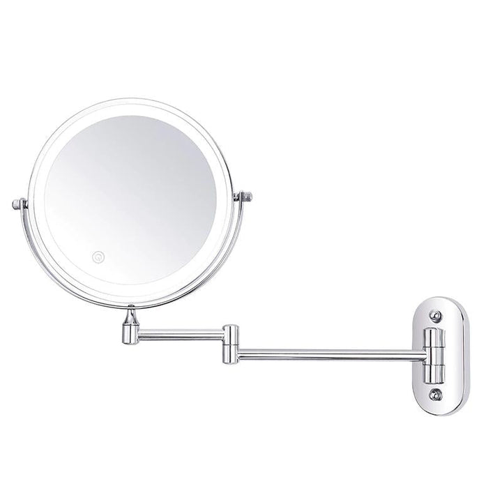 LED vergrotingsspiegel, chroomzilver, modern, niet-verblindend licht, oplaadbaar, ideaal voor make-up en huidverzorging.
