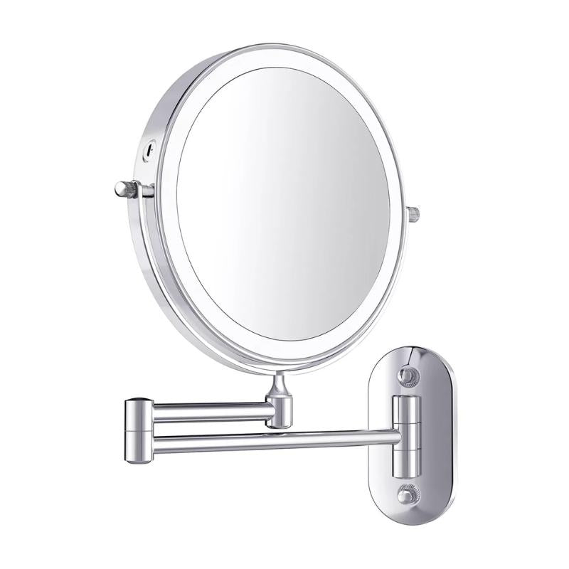 LED vergrotingsspiegel, chroomzilver, modern, niet-verblindend licht, oplaadbaar, ideaal voor make-up en huidverzorging.
