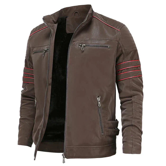 Heren motorjas van leer, robuust ontwerp, elegante stijl, warme polyester voering, ideaal voor stads- en plattelandsritten.