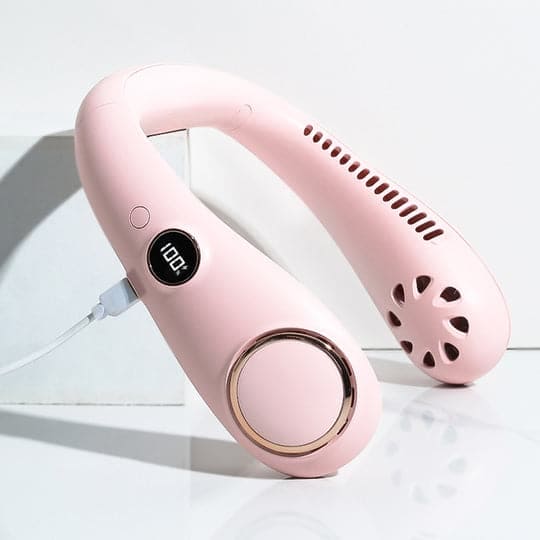 Lichte, oplaadbare nekventilator, draagbaar, biedt stille koeling, ideaal voor de zomer, ergonomisch ontwerp, groen.