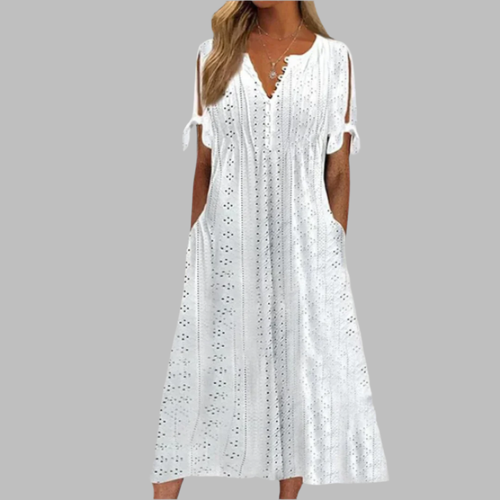 Lichte Boho midi jurk met vloeiende snit en elegante details in blauw voor de zomer, damesmode