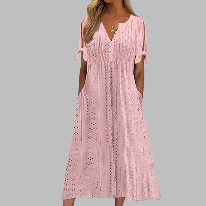 Lichte Boho midi jurk met vloeiende snit en elegante details in blauw voor de zomer, damesmode