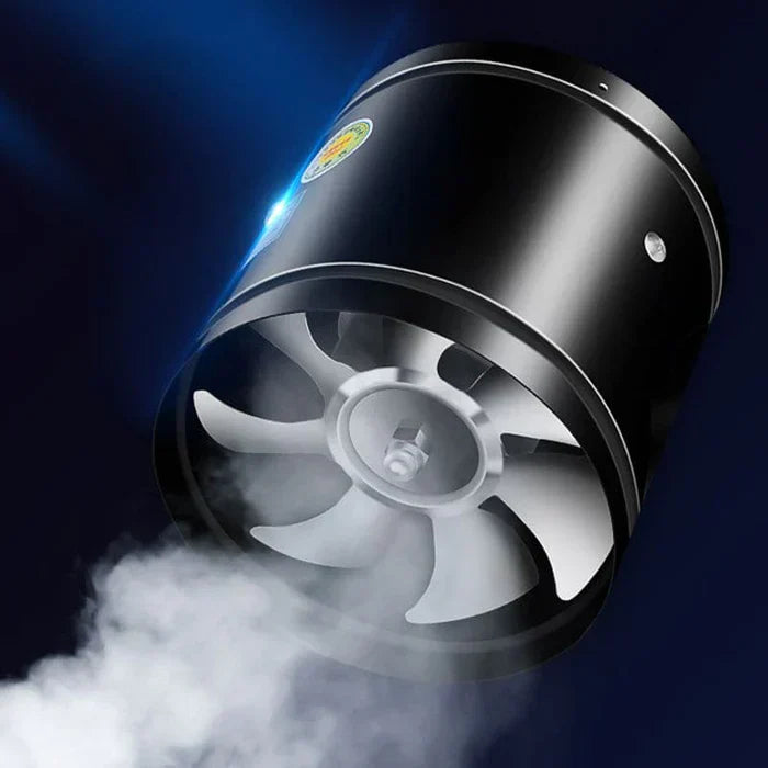 Krachtige en stille WhisperFlow afzuigventilator met robuuste metalen behuizing, ideaal voor schone binnenlucht.