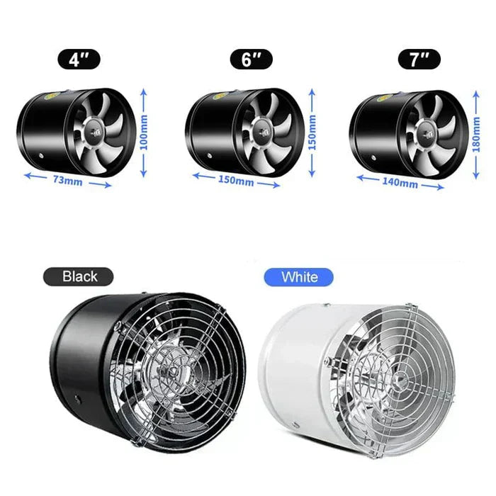 Krachtige en stille WhisperFlow afzuigventilator met robuuste metalen behuizing, ideaal voor schone binnenlucht.