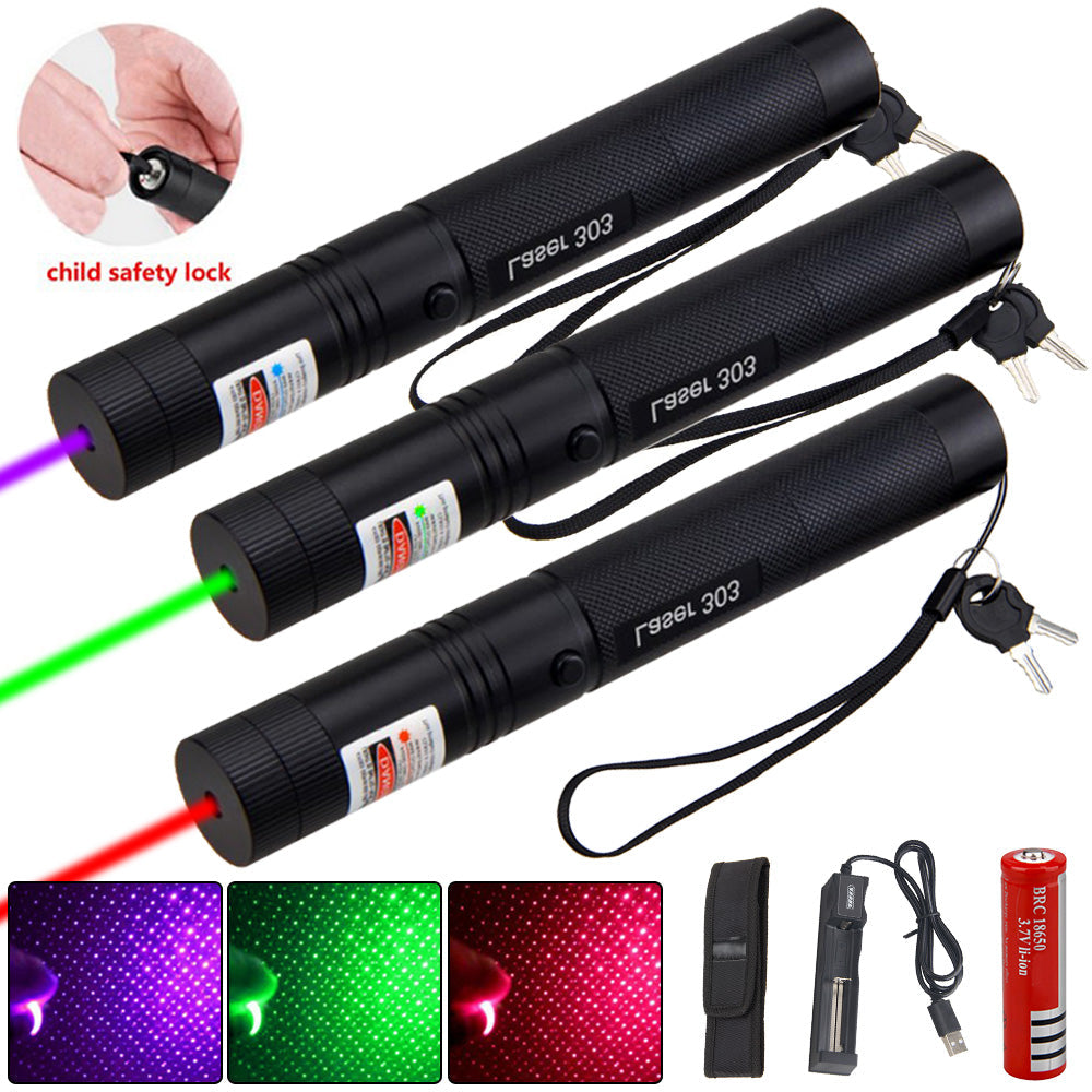 Krachtige, oplaadbare laserpointer voor lange afstanden met aluminium behuizing en variabele kleuren: Groen, Rood, Paars