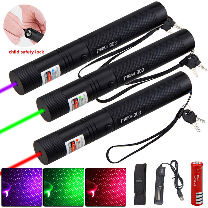 Krachtige, oplaadbare laserpointer voor lange afstanden met aluminium behuizing en variabele kleuren: Groen, Rood, Paars
