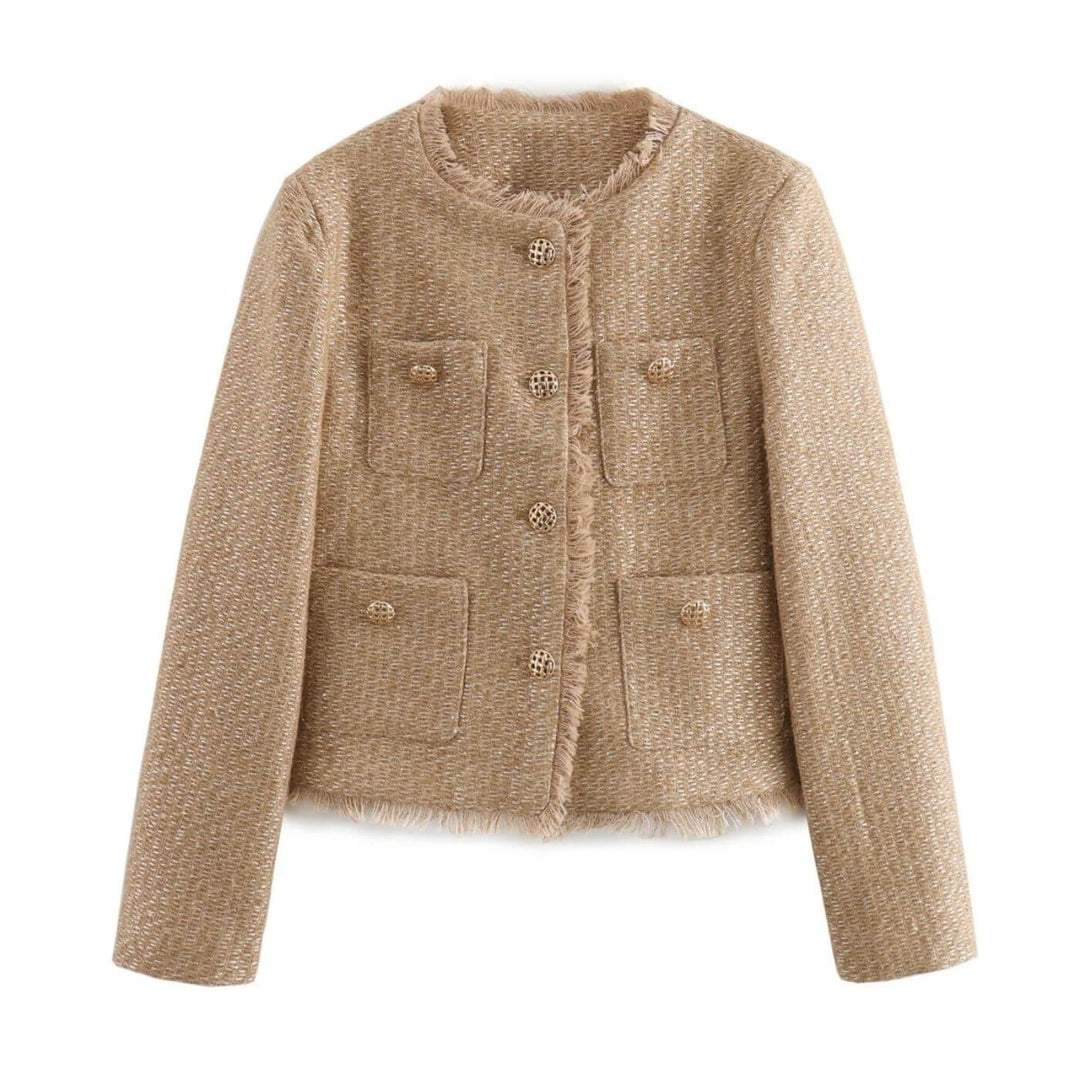 Dames Lena Tweedjas, gestructureerd met gouden details, ideaal voor een elegante, comfortabele en veelzijdige uitstraling.