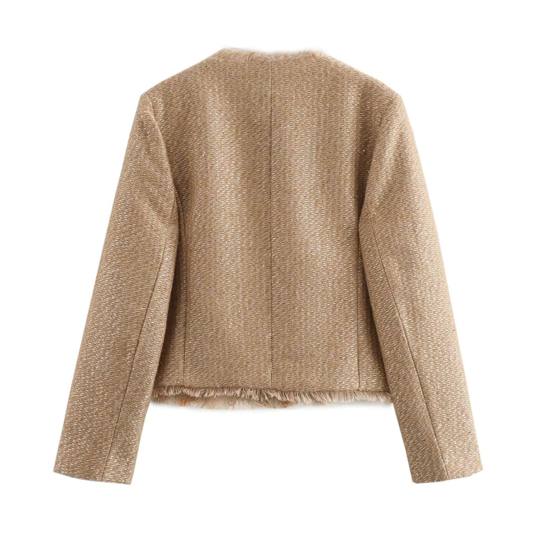 Dames Lena Tweedjas, gestructureerd met gouden details, ideaal voor een elegante, comfortabele en veelzijdige uitstraling.