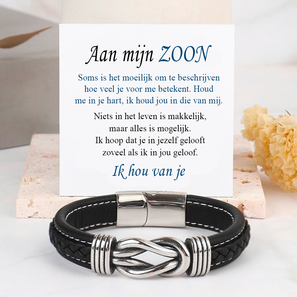 Leren heren armband met RVS details, 'Zoon' gegraveerd. Een blijvend symbool van liefde en een perfect geschenk.